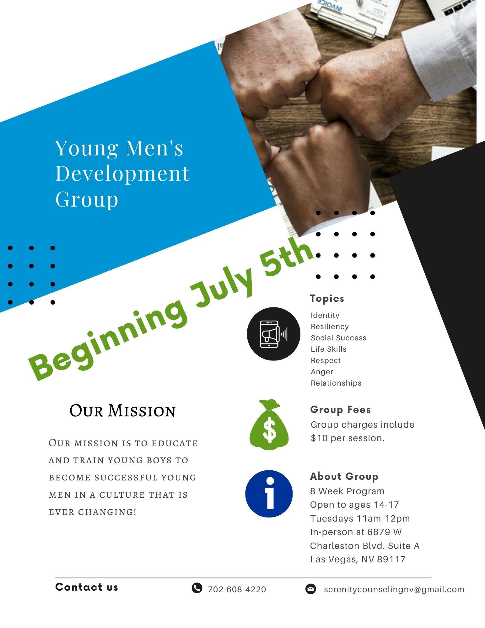 You Mens's Development Group - 8-Week Program, Open to Ages 14 - 17, Tuesdays 11 am - 12 pm, In-Person at 6879 W Charleston Blvd, Suite A, Las Vegas, NV 89117